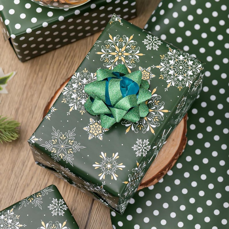MAYPLUSS Christmas Wrapping Paper Roll - 17IN X 33FT - Green Gift Wrapping Paper Featuring Snowflake Against Dark Green Reversible Polka Dot for Kids, Holiday, New Year - Image 4